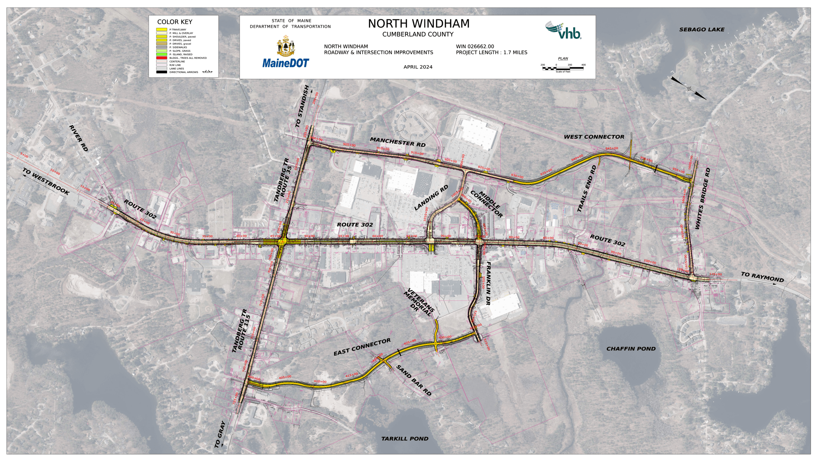 Official planning map of the North Windham Moves project showing proposed Route 302 improvements, connector roads, intersections, sidewalks, and transportation infrastructure in North Windham, Maine.